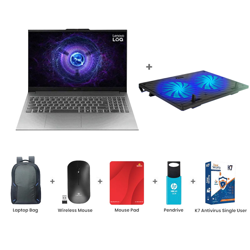 Picture of Lenovo LOQ - Intel Core i5-12450HX 15.6" (39.6cm) 83GS00PJIN Gaming Laptop (16GB/ 512GB SSD/ Full HD Display/  NVIDIA GeForce RTX 3050 6GB/ E-shutter/ IPS 300nits Anti-Glare/ 100% sRGB/ 144Hz/ Windows 11 Home/ MS Office 2024/ 1Year Warranty/Luna Grey/ 2.38Kg) Zebronics Zeb-Jet Premium Gaming Headphone + Laptop Bag + Wireless Mouse + Mouse Pad + Pendrive + K7 Antivirus Single User